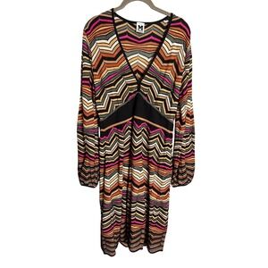 Missoni Size 48 Merino Wool Blend Zigzag Knit V-Neck‎ Dress Long Balloon Sleeve